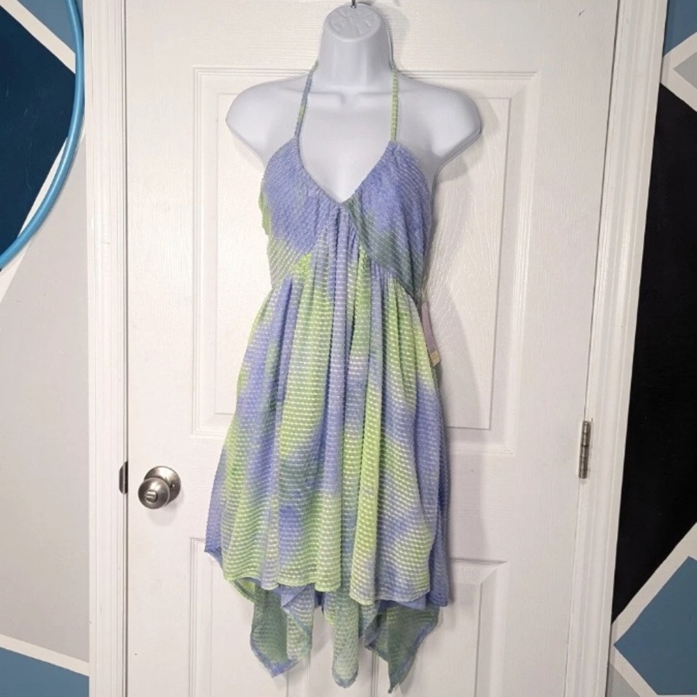 wild fable Green and Purple Tie-Dye Halter Babydoll Handkerchief Cut Mini Dress